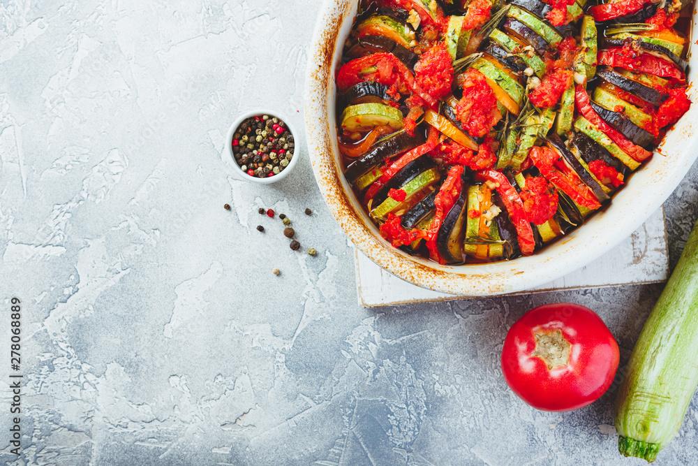 Vegetable ratatouille in ceramic frying pan Vegetable ratatouille in ceramic frying pan