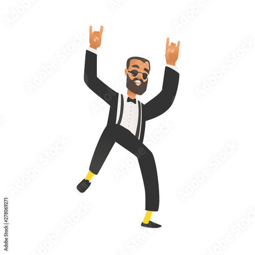 Happy dancing groomsman, man in suit with beard, tuxedo in flat cartoon style.