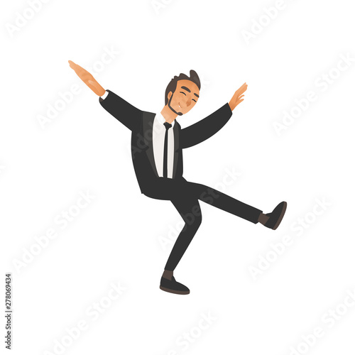 Happy dancing groomsman, man in suit, tuxedo in flat cartoon style.