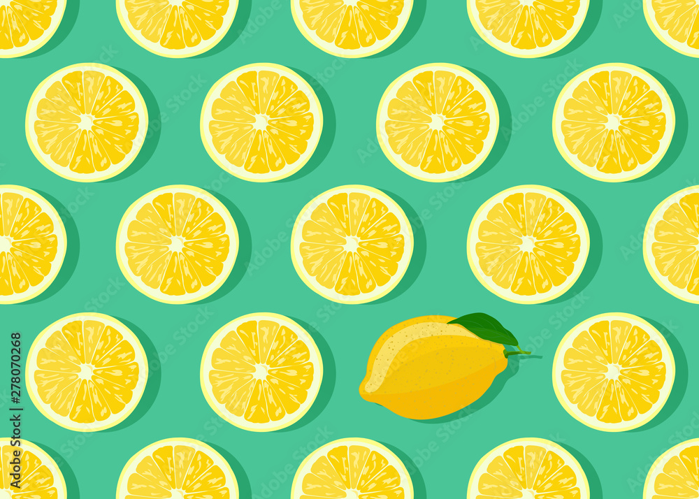 Lemon fruits slice seamless pattern on green background with shadow. Citrus fruits vector illustration.