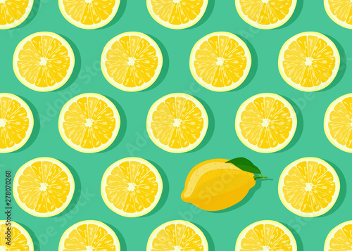 Lemon fruits slice seamless pattern on green background with shadow. Citrus fruits vector illustration.