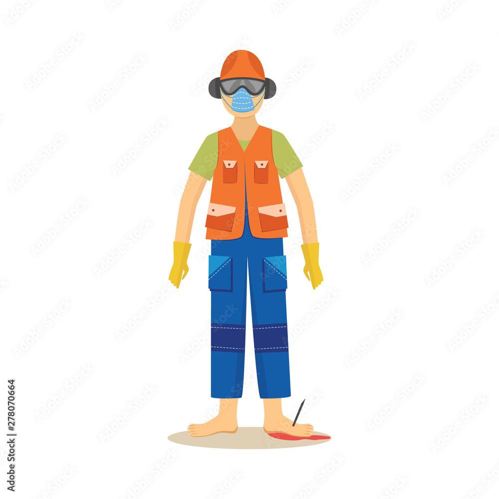 Male construction worker standing with industrial nail in foot cartoon style Male construction worker standing with industrial nail in foot cartoon style