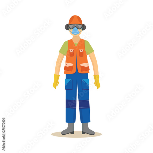 Man standing in industrial protective clothing and equipment cartoon style