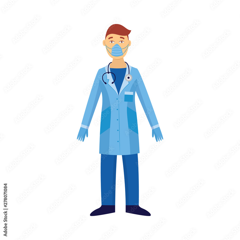 Doctor in protective suit and virus safety mask isolated on white flat vector. Doctor in protective suit and virus safety mask isolated on white flat vector.