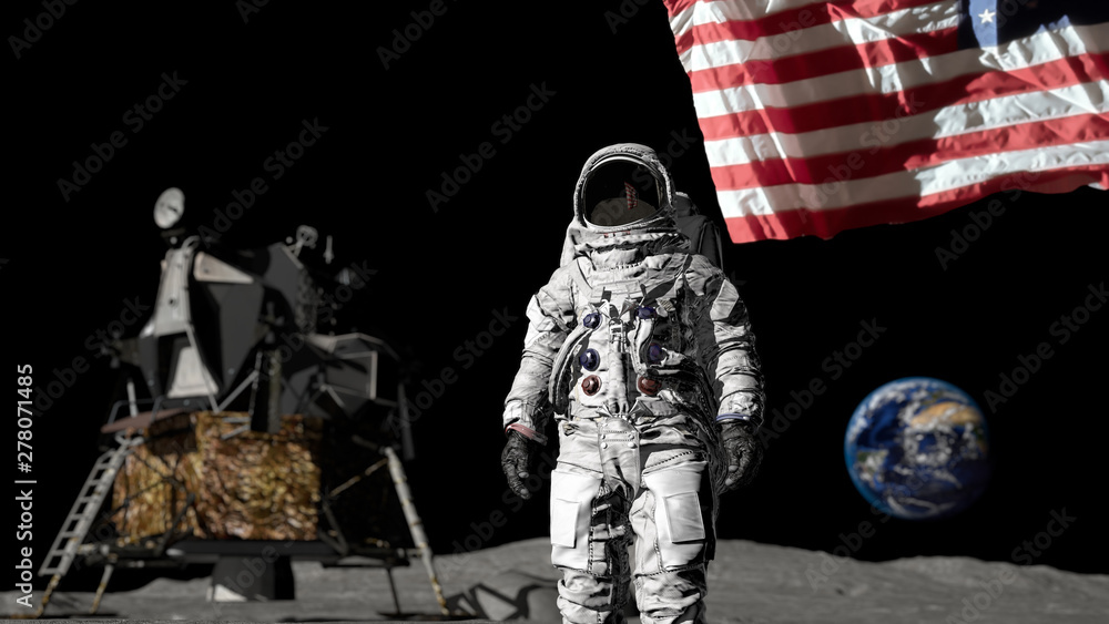 3D rendering. Astronaut saluting the American flag. CG Animation. Elements of this image furnished by NASA. - obrazy, fototapety, plakaty 