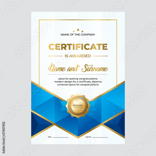 Modern certificate design, diploma template. Creative blue background with gold seal