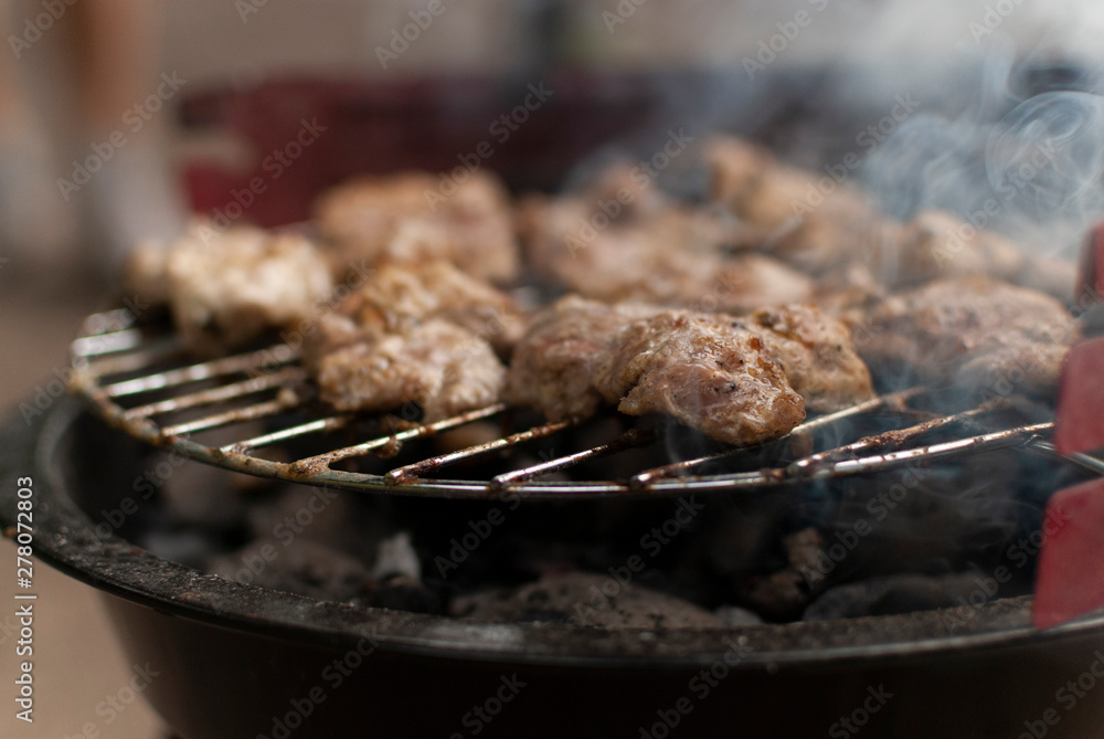grilled meat with mushrooms, all in smoke grilled meat with mushrooms, all in smoke