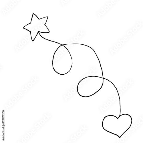 Star connected by a rope with a heart. Monochrome sketch, hand drawing. Black outline on white background. Vector illustration