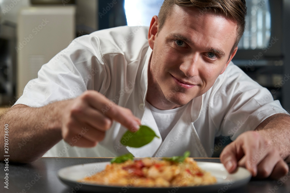 Portrait Of Male Chef Garnishing Plate Of Food In Professional Kitchen