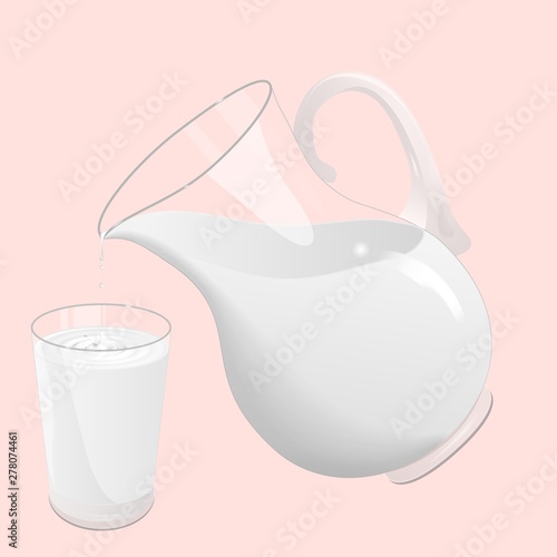Realistic Jug of White Milk and Glass Of Milk. Dripping and Pouring into Transparent Glass with Splash Isolated on Pink Background.