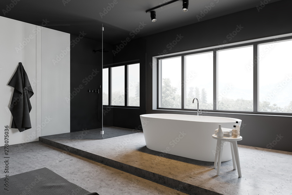 Fototapeta premium Gray and white bathroom corner, tub and shower
