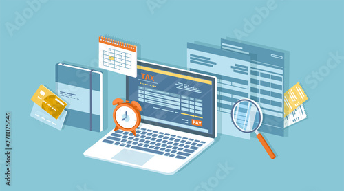 Tax payment via laptop. Mobile payment service. Government, State taxes. Tax form, financial calendar, magnifying glass, money, credit card, invoices, alarm clock. Isometric 3d vector illustration.