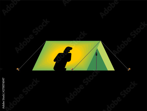 Tourist in tent silhouette. campaign vector illustration