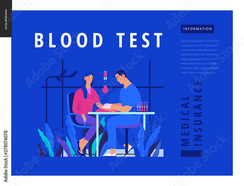 Medical tests Blue template - blood test - modern flat vector concept digital illustration of blood test procedure - patient and doctor with syringe and test tubes, medical office or laboratory