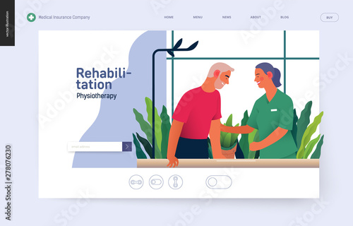 Medical insurance - rehabilitation and physiotherapy -modern flat vector concept digital illustration -physiotherapist helps patient walking using training parallel bars, medical office, laboratory