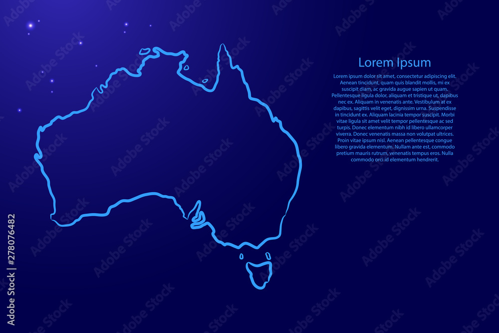 Australia map from the contour blue brush lines different thickness and glowing stars on dark background. Vector illustration.