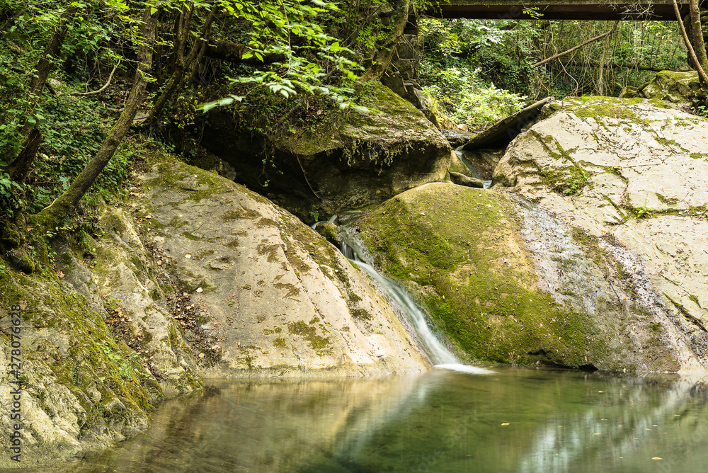 small waterfall in a dense Italian forest with lush vegetation. Silk effect water