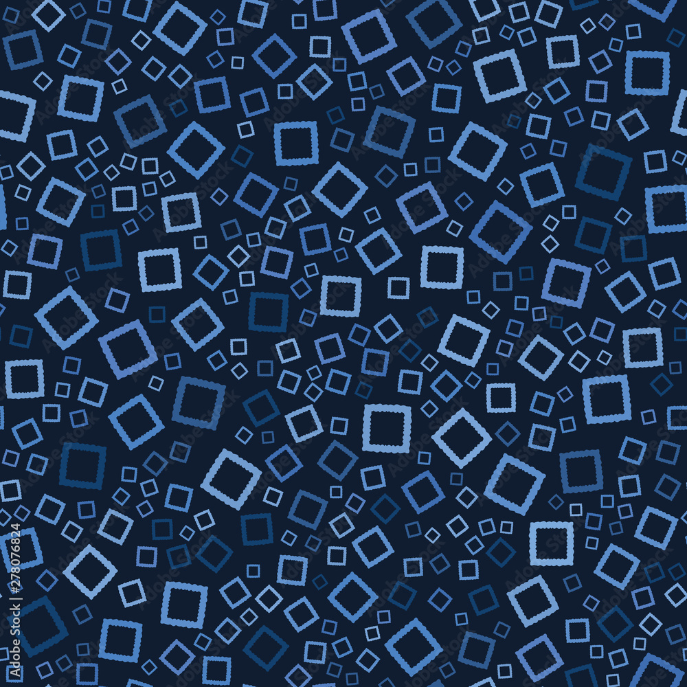 Seamless pattern. Indigo blue hand drawn confetti squares. Falling