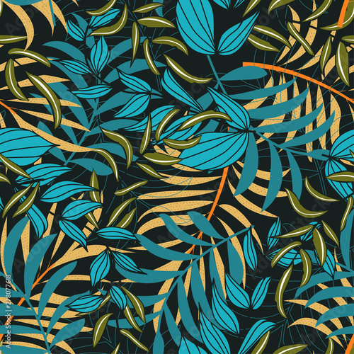Summer abstract seamless pattern with colorful tropical leaves and plants on black background. Vector design. Jungle print. Floral background. Printing and textiles. Exotic tropics. Fresh design.