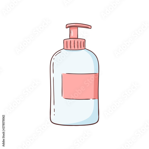 Hand-drawn white bottle with pink dispenser and blank label sketch style