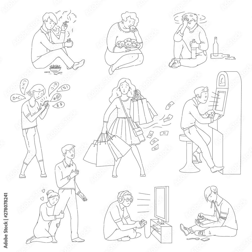Set of male and female characters with addictive disorders vector isolated.