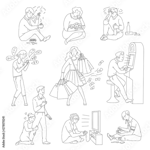 Set of male and female characters with addictive disorders vector isolated.
