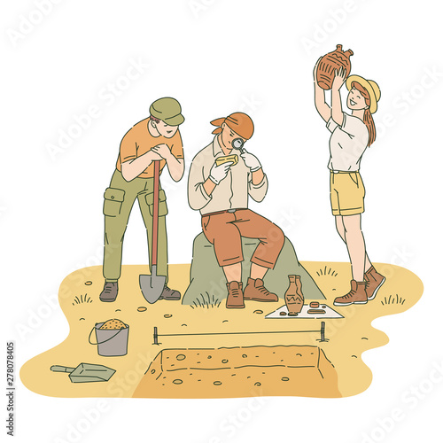 Happy male and female archaeologists researching found artifacts sketch style