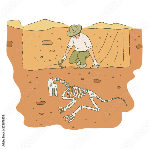 Male archaeologist with pickaxe digs out dinosaur skeleton sketch style