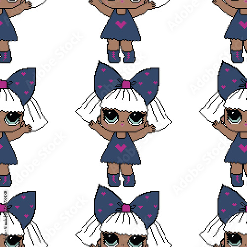 Seamless pattern with lol pixelated dolls on white background. Cute retro design of pixel baby girls for decoration or using as background, backdrop, print for textile or wrapping paper.