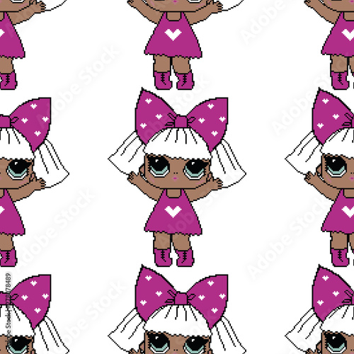 Seamless pattern with lol pixelated dolls on white background. Cute retro design of pixel baby girls for decoration or using as background, backdrop, print for textile or wrapping paper.
