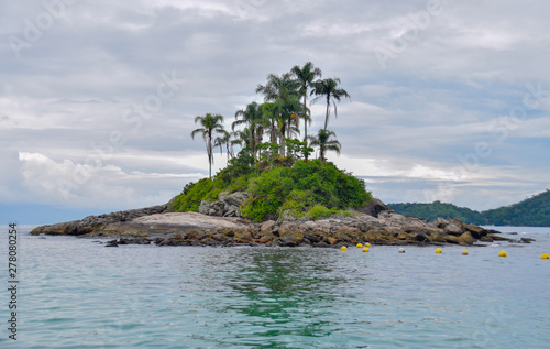Pequeña y solitaria isla tropical en el océano con palmeras.