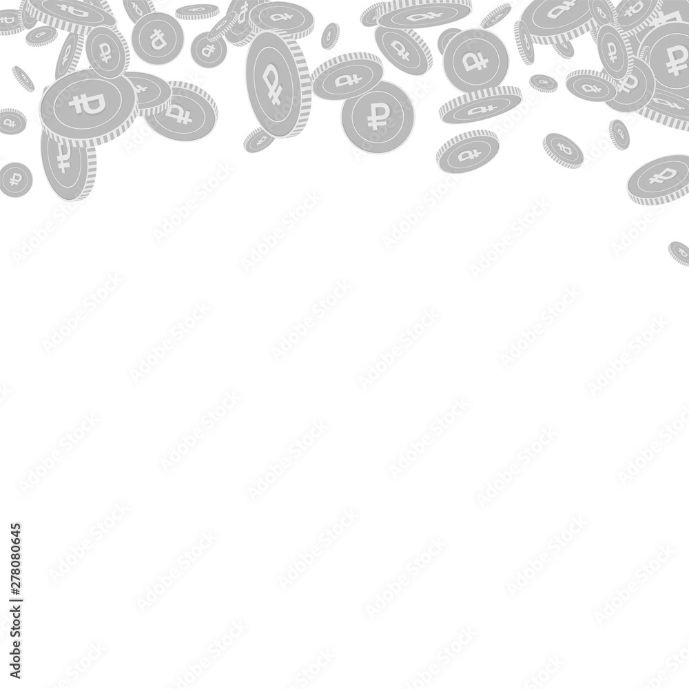 Russian ruble coins falling. Scattered black and w Russian ruble coins falling. Scattered black and w