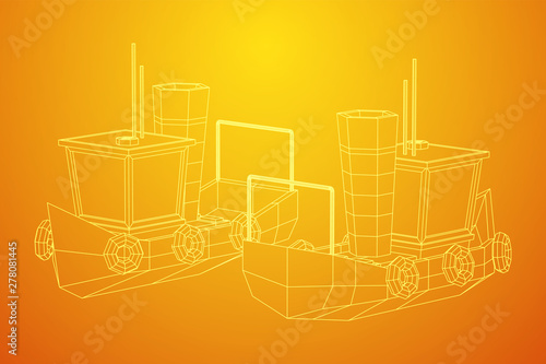 Fishing boat. Commercial fishing trawler for industrial seafood production. Vintage marine ship, sea or ocean transportation concept. Wireframe low poly mesh vector illustration