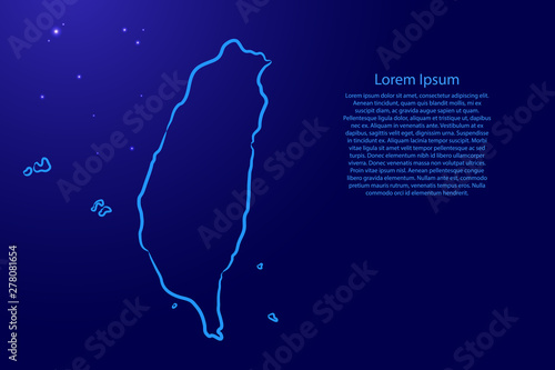 Taiwan map from the contour blue brush lines different thickness and glowing stars on dark background. Vector illustration.