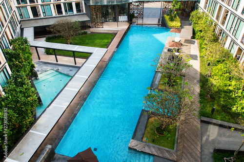 Top view on rectangular pool with turquoise water