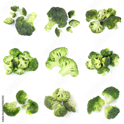 Set of fresh green broccoli on white background