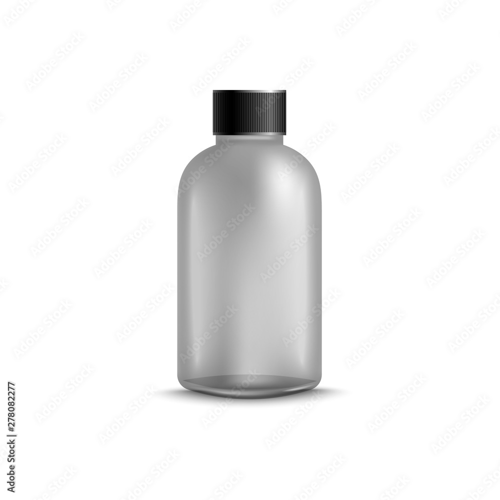 Plastic shampoo bottle mockup, clean grey shower gel or skin care product container with black cap Plastic shampoo bottle mockup, clean grey shower gel or skin care product container with black cap
