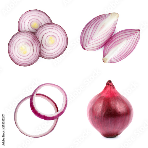 Set of fresh red onions on white background