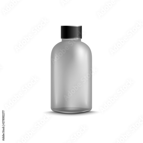Plastic shampoo bottle mockup, clean grey shower gel or skin care product container with black cap