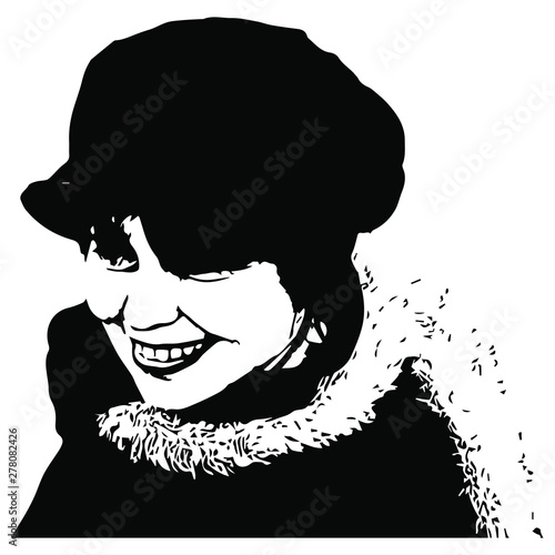 Closeup portrait od a young lady in winter hat and scarf or boa. Black and white silhouette.