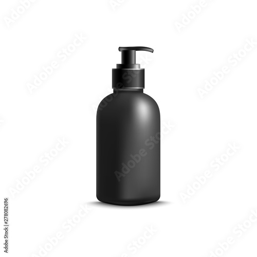 Cosmetic blank black bottle with dispenser 3d vector mockup illustration isolated.