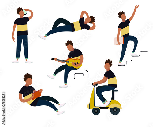 Flat colorful vector set of young man character poses and movements.