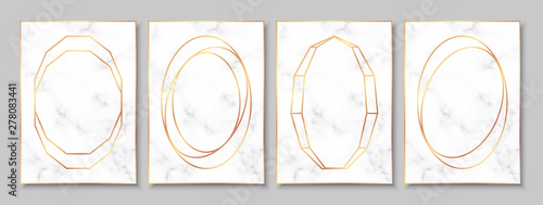 Luxury posters set with white marble texture and gold circular frames. Vintage templates in art deco style: cards, banners, brochures, flyers etc. Perfect for wedding invitations, party flyers etc.