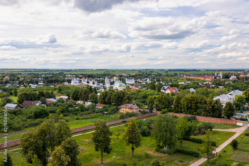 Aeral townscape. Old russian town Suzdal in summer from bell tower.