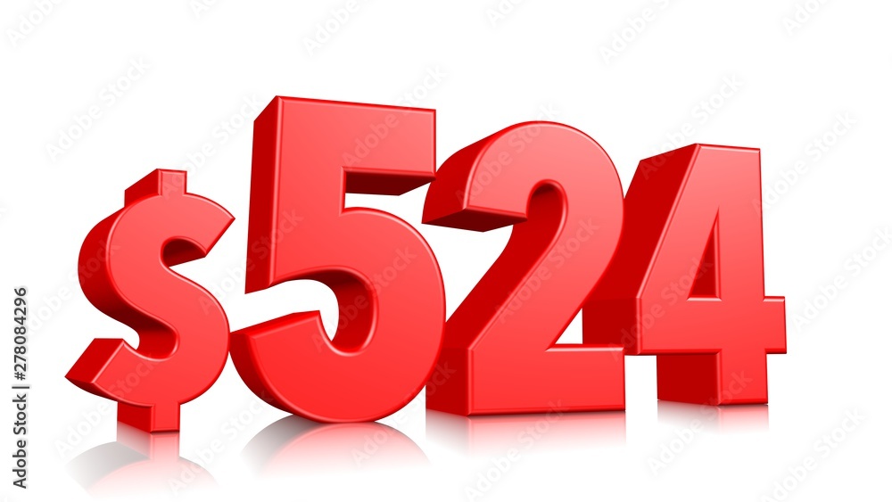 524$ Five hundred and twenty four price symbol. red text number 3d render with dollar sign on white background 524$ Five hundred and twenty four price symbol. red text number 3d render with dollar sign on white background