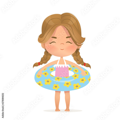 Brown Hair girl stay in inflatable circle. Child Relax at Summer. Pool Party Girl with Inflatable Ring. Smiling Girl Character Isolated. Vacation Flat Cartoon Vector Illustration