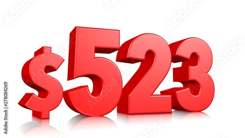 523$ Five hundred and twenty three price symbol. red text number 3d render with dollar sign on white background