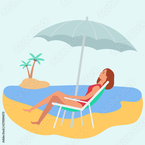 Caucasian woman or a girl in a swimsuit brown hair lying in a deck chair on the beach.
