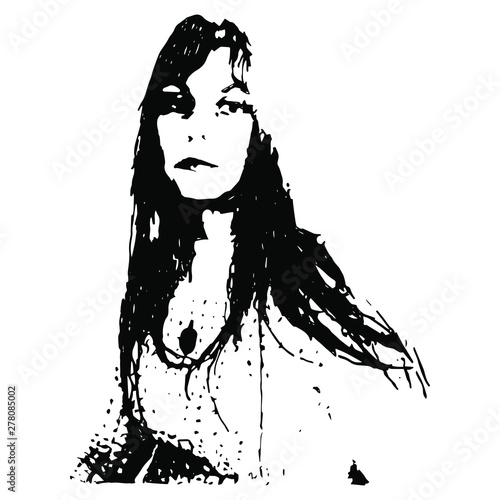 Portrait of a beautiful sad young woman with long black hair. Black and white silhouette. Drawn by hand.