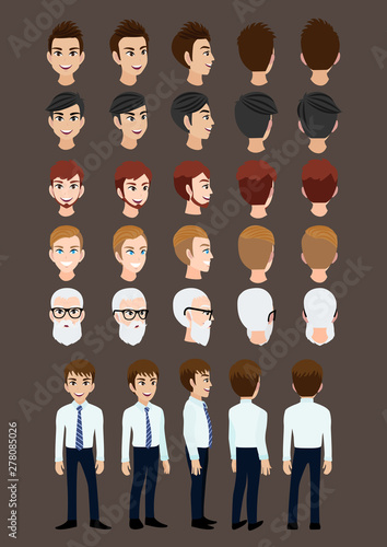 Cartoon character with business man for animation. Front, side, back, 3-4 view character. Set of male head and flat vector illustration.